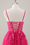 Fuchsia A Line Spaghetti Straps Sequins Applique Long Prom Dress With Slit