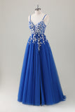 Royal Blue A Line Spaghetti Straps Sequins Applique Long Prom Dress With Slit