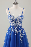 Royal Blue A Line Spaghetti Straps Sequins Applique Long Prom Dress With Slit