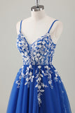 Royal Blue A Line Spaghetti Straps Sequins Applique Long Prom Dress With Slit