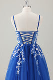 Royal Blue A Line Spaghetti Straps Sequins Applique Long Prom Dress With Slit