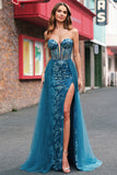 Peacock Blue Mermaid Strapless Streamer Corset Long Prom Dress with Slit