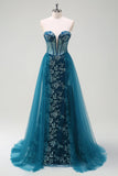 Peacock Blue Mermaid Strapless Streamer Corset Long Prom Dress with Slit