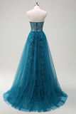 Peacock Blue Mermaid Strapless Streamer Corset Long Prom Dress with Slit