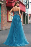 Peacock Blue Mermaid Strapless Streamer Corset Long Prom Dress with Slit