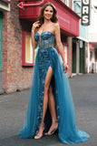 Peacock Blue Mermaid Strapless Streamer Corset Long Prom Dress with Slit