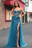 Peacock Blue Mermaid Strapless Streamer Corset Long Prom Dress with Slit