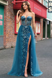 Peacock Blue Mermaid Strapless Streamer Corset Long Prom Dress with Slit