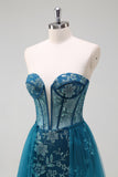 Sparkly Peacock Blue Mermaid Strapless Corset Long Prom Dress With Slit