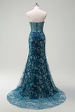 Sparkly Peacock Blue Mermaid Strapless Corset Long Prom Dress With Slit