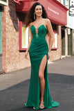 Green Mermaid Strapless Deep V Neck Corset Pleated Long Prom Dress with Slit