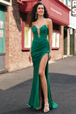 Green Mermaid Strapless Deep V Neck Corset Pleated Long Prom Dress with Slit