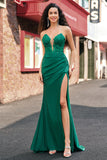 Green Mermaid Strapless Deep V Neck Corset Pleated Long Prom Dress with Slit