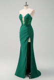 Green Strapless Mermaid Corset Pleated Long Prom Dress with Slit