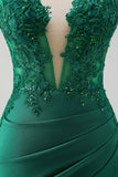 Green Strapless Mermaid Corset Pleated Long Prom Dress with Slit