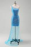 Sparkly Blue Tight One Shoulder Prom Dress With Sequins