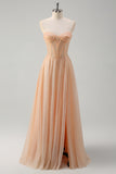 Sparkly Champagne A Line Strapless Corset Prom Dress With Slit