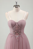 Grey Purple A Line Spaghetti Straps Pleated Long Prom Dress with Appliques