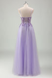 Sparkly Purple A Line Spaghetti Straps Corset Long Prom Dress with Appliques