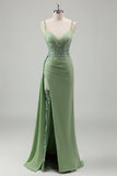 Light Green Mermaid Spaghetti Straps Pleated Corset Sequin Prom Dress With Slit