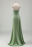 Light Green Mermaid Spaghetti Straps Pleated Corset Sequin Prom Dress With Slit