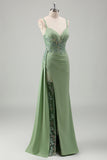 Light Green Mermaid Spaghetti Straps Pleated Corset Sequin Prom Dress With Slit