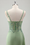 Light Green Mermaid Spaghetti Straps Pleated Corset Sequin Prom Dress With Slit