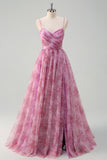 Pinkish Purple A-Line Spaghetti Straps Lace Up Back Long Prom Dress with Slit