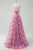 Pinkish Purple A-Line Spaghetti Straps Lace Up Back Long Prom Dress with Slit