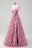 Pinkish Purple A-Line Spaghetti Straps Lace Up Back Long Prom Dress with Slit