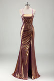 Golden Spaghetti Straps Mermaid Metallic Long Prom Dress with Slit