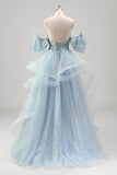 Sparkly Blue A Line Strapless Spiral Ruffles Corset Sequins Pleated Prom Dress