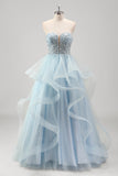 Sparkly Blue A Line Strapless Spiral Ruffles Corset Sequins Pleated Prom Dress