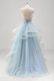 Sparkly Blue A Line Strapless Spiral Ruffles Corset Sequins Pleated Prom Dress