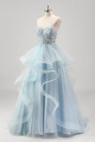 Sparkly Blue A Line Strapless Spiral Ruffles Corset Sequins Pleated Prom Dress