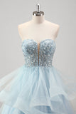 Sparkly Blue A Line Strapless Spiral Ruffles Corset Sequins Pleated Prom Dress