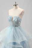 Sparkly Blue A Line Strapless Spiral Ruffles Corset Sequins Pleated Prom Dress