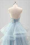 Sparkly Blue A Line Strapless Spiral Ruffles Corset Sequins Pleated Prom Dress