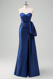 Dark Blue Mermaid Strapless Pleated Long Prom Dress with Draped Bow Accent