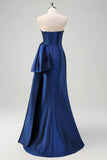 Dark Blue Mermaid Strapless Pleated Long Prom Dress with Draped Bow Accent