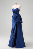 Dark Blue Mermaid Strapless Pleated Long Prom Dress with Draped Bow Accent