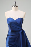 Dark Blue Mermaid Strapless Pleated Long Prom Dress with Draped Bow Accent