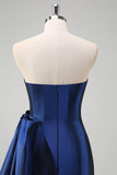 Dark Blue Mermaid Strapless Pleated Long Prom Dress with Draped Bow Accent