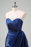 Dark Blue Mermaid Strapless Pleated Long Prom Dress with Draped Bow Accent