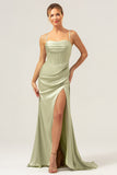 Sage Mermaid Cowl Neckline Ruched Corset Long Satin Bridesmaid Dress with Slit