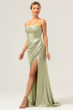 Sage Mermaid Cowl Neckline Ruched Corset Long Satin Bridesmaid Dress with Slit