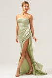 Sage Mermaid Cowl Neckline Ruched Corset Long Satin Bridesmaid Dress with Slit