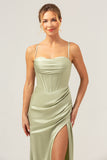 Sage Mermaid Cowl Neckline Ruched Corset Long Satin Bridesmaid Dress with Slit