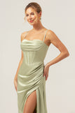 Sage Mermaid Cowl Neckline Ruched Corset Long Satin Bridesmaid Dress with Slit