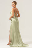 Sage Mermaid Cowl Neckline Ruched Corset Long Satin Bridesmaid Dress with Slit